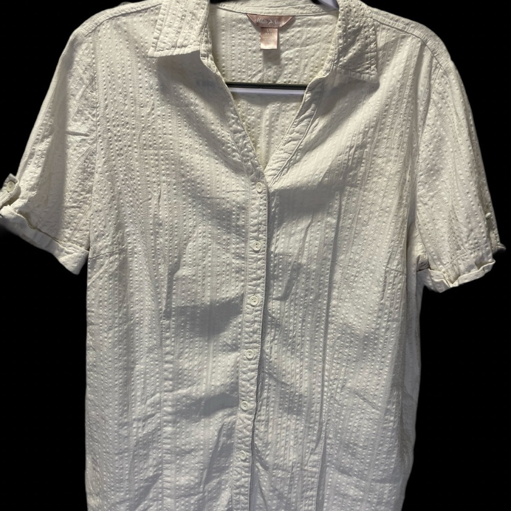 White Stag Women's Off-White Textured Stripe Button-Down Roll-Tab Top L (12-14)